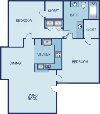 Floor plan for 2 beds, 1 bath, 993 sqft